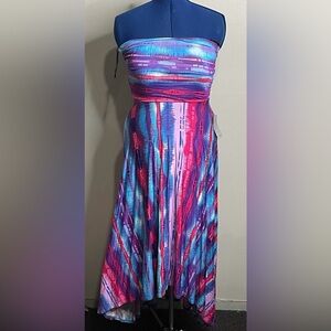 FELICITY & COCO Strapless Neon Print Maxi Dress Blue Multicolor Sz MP Hi Low NWT